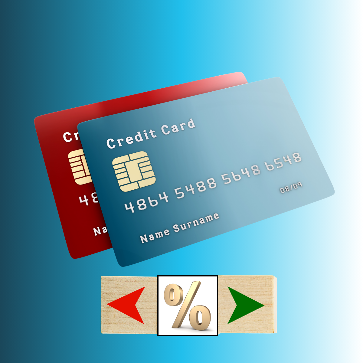 image of two credit cars. Below an image of a red arrow pointing left and a green arrow pointing right. Between the arrows is an interest rate sign.