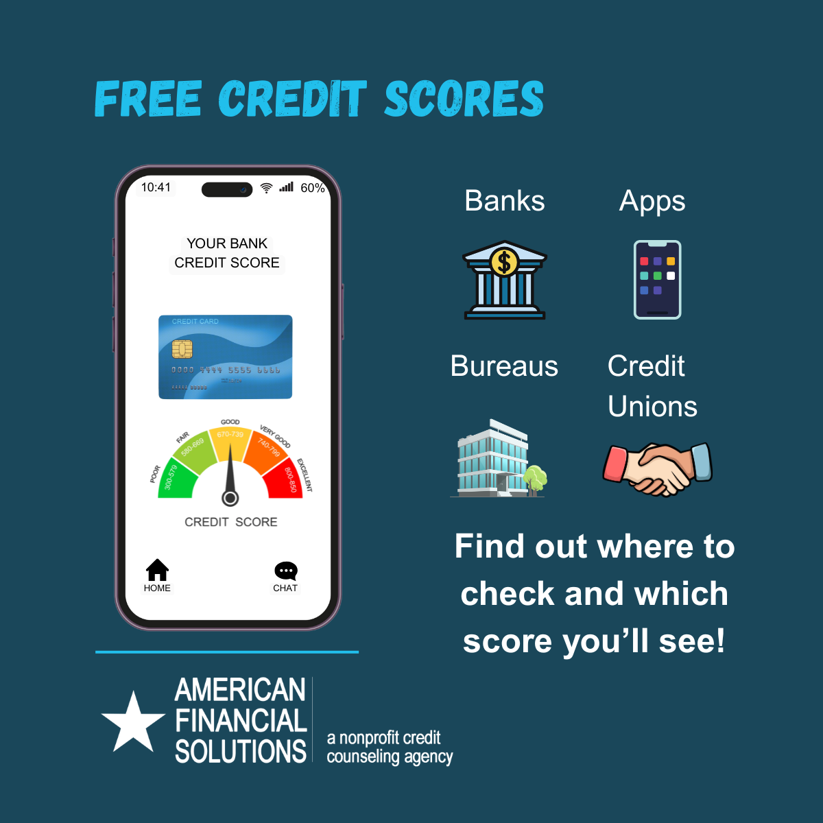 image of a bank, two hands shaking, a cell phone displaying a credit score, and  stating free credit reports